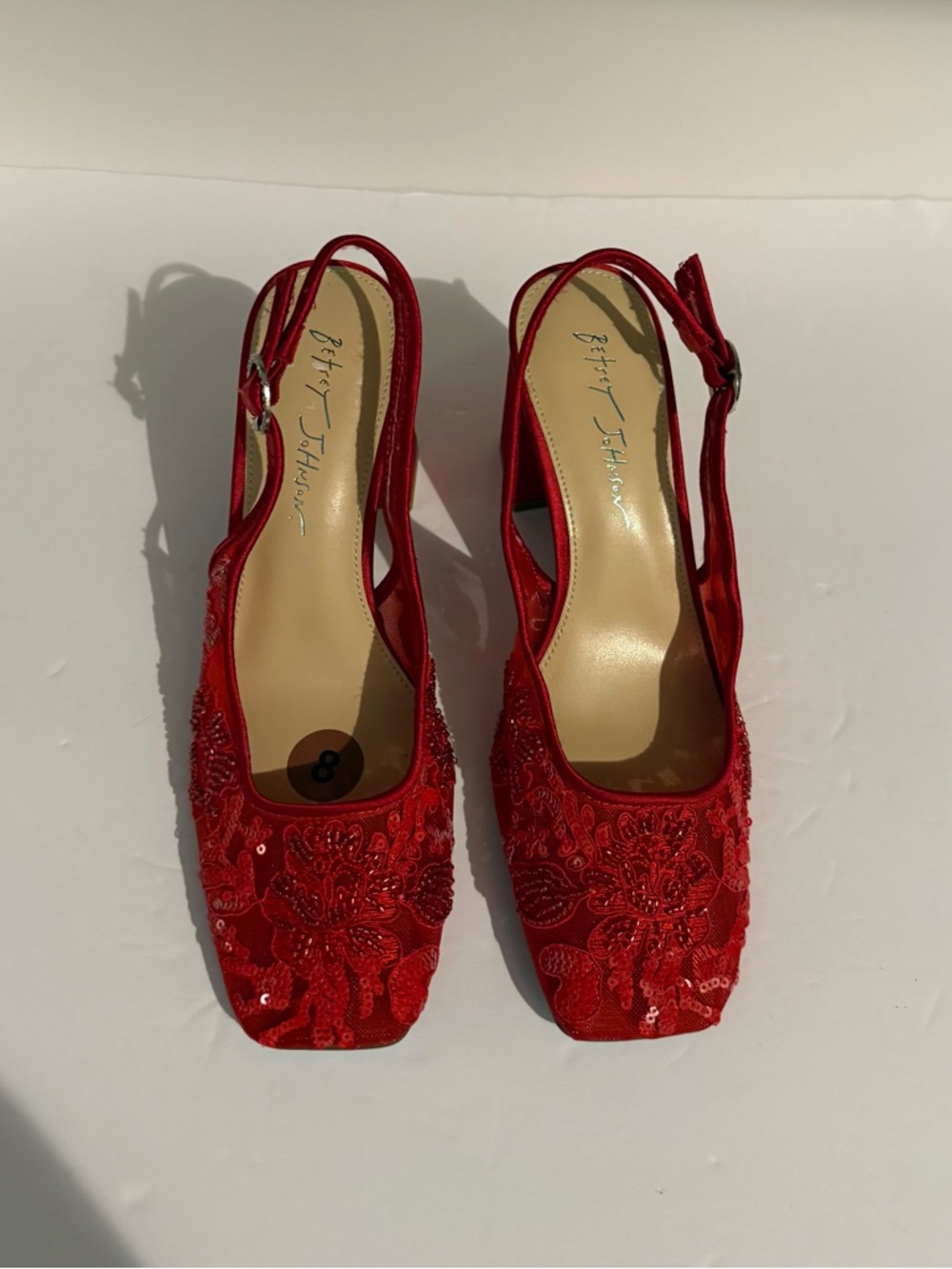 Betsey Johnson Red Embroidered Slingback Block Heel - Picture 8 of 11